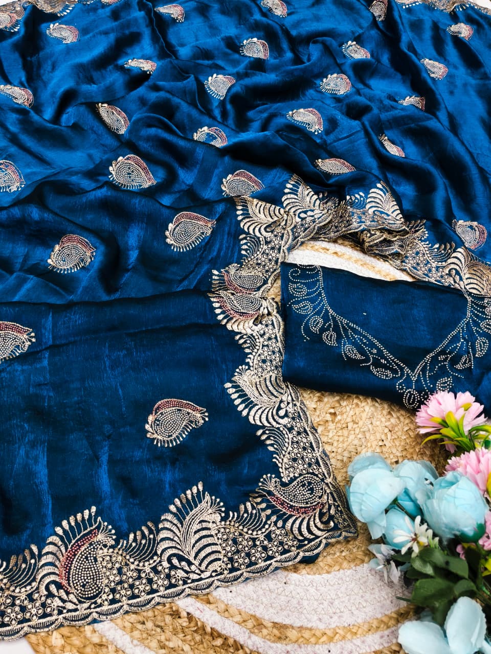 DF-ROHIT FENDI SAREE WITH MULTI COLOUR SIROSKI WITH EMBROIDERY WORK WITH SIROSKI BLOUSE