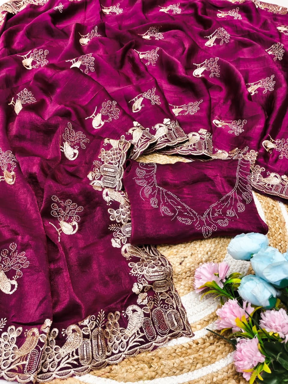 DF-PALAK FENDI SAREE WITH BEAUTIFUL PEACOCK  DESIGN WITH EMBROIDERY WORK WITH MULTI SIROSKI