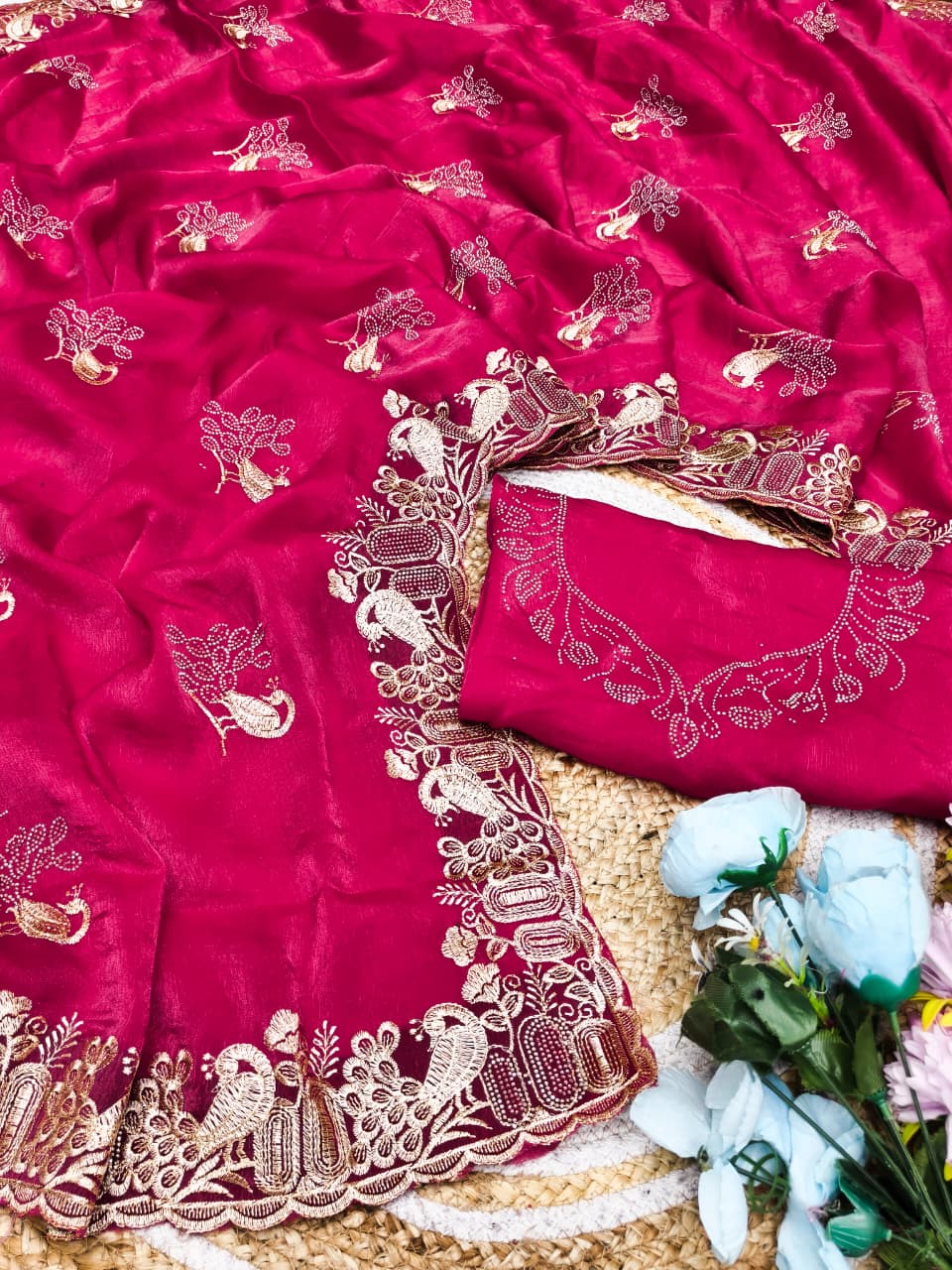 DF-PALAK FENDI SAREE WITH BEAUTIFUL PEACOCK  DESIGN WITH EMBROIDERY WORK WITH MULTI SIROSKI
