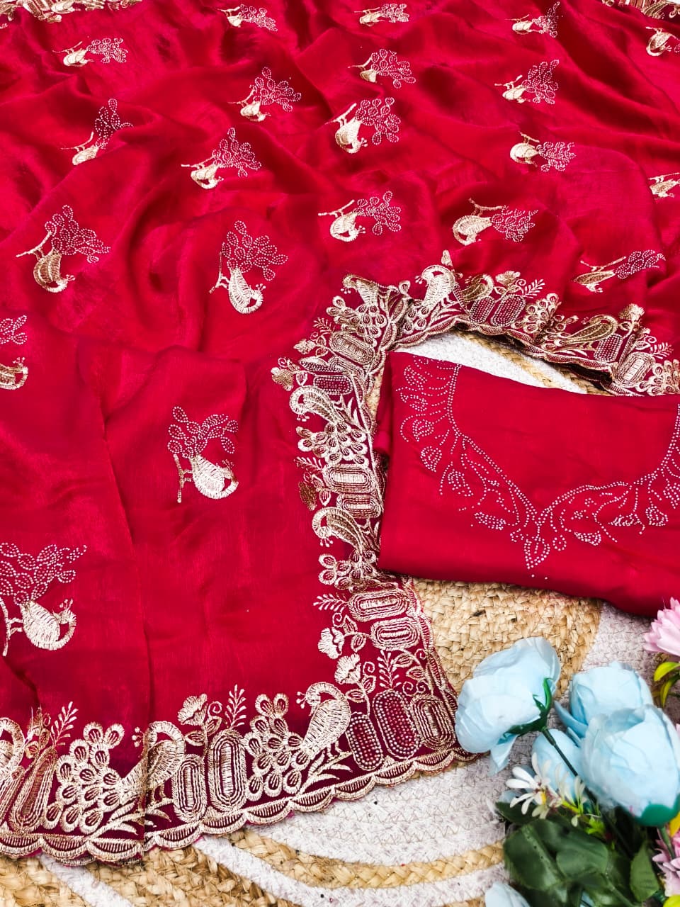 DF-PALAK FENDI SAREE WITH BEAUTIFUL PEACOCK  DESIGN WITH EMBROIDERY WORK WITH MULTI SIROSKI