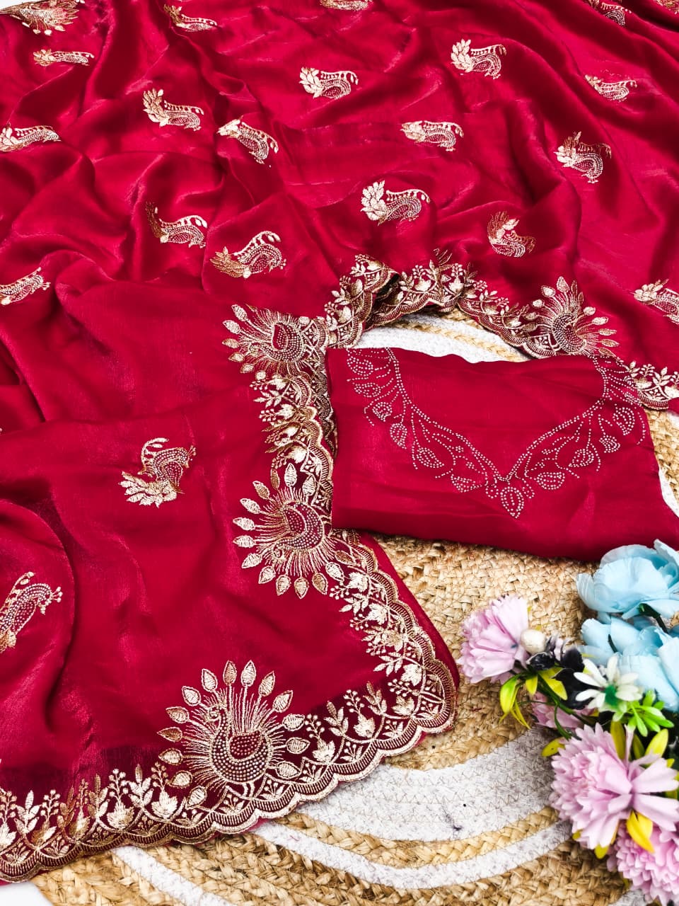 DF-RADHIKA FENDI SAREE WITH LOVELY PEACOCK DESIGN WITH EMBROIDERY WORK WITH MULTI SIROSKI