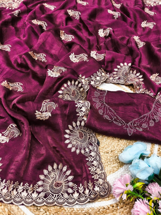 DF-RADHIKA FENDI SAREE WITH LOVELY PEACOCK DESIGN WITH EMBROIDERY WORK WITH MULTI SIROSKI