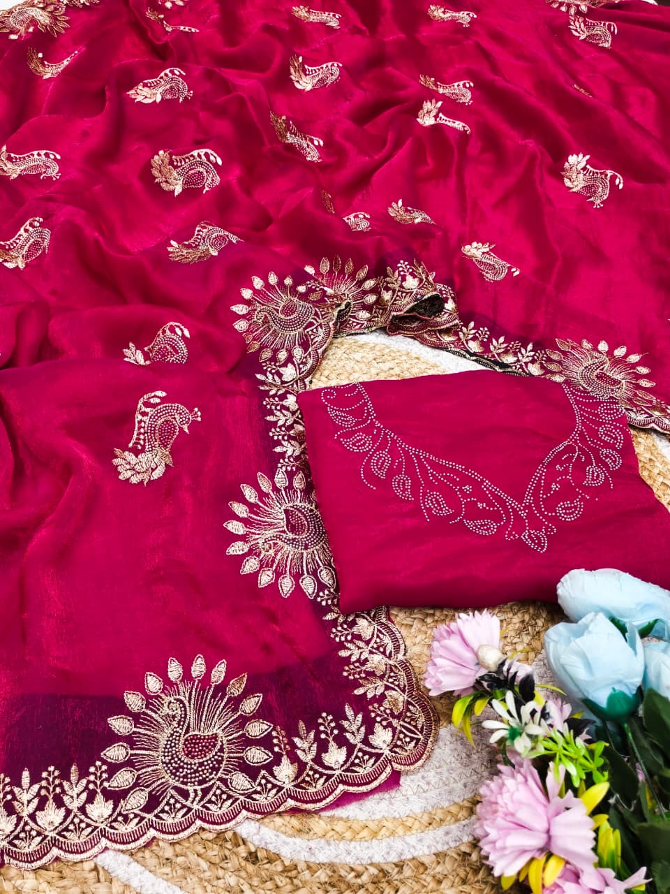 DF-RADHIKA FENDI SAREE WITH LOVELY PEACOCK DESIGN WITH EMBROIDERY WORK WITH MULTI SIROSKI