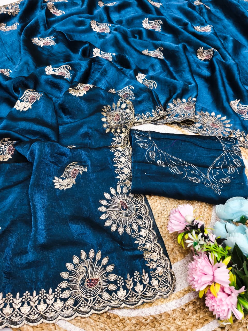 DF-RADHIKA FENDI SAREE WITH LOVELY PEACOCK DESIGN WITH EMBROIDERY WORK WITH MULTI SIROSKI