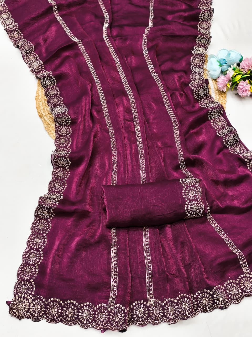 DF-AARYA  FENDI CHIFFON SAREE WITH BEAUTIFUL SIROSKI WORK WITH LINING DESIGN WITH LOVELY SIROSKI BLOUSE