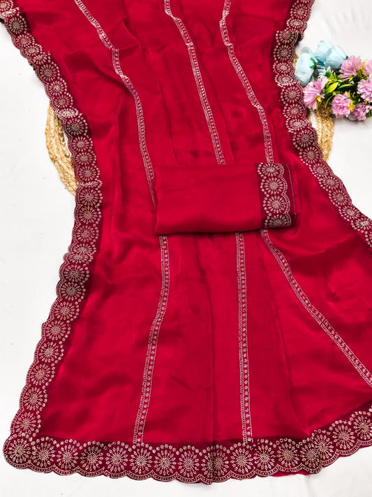DF-AARYA  FENDI CHIFFON SAREE WITH BEAUTIFUL SIROSKI WORK WITH LINING DESIGN WITH LOVELY SIROSKI BLOUSE