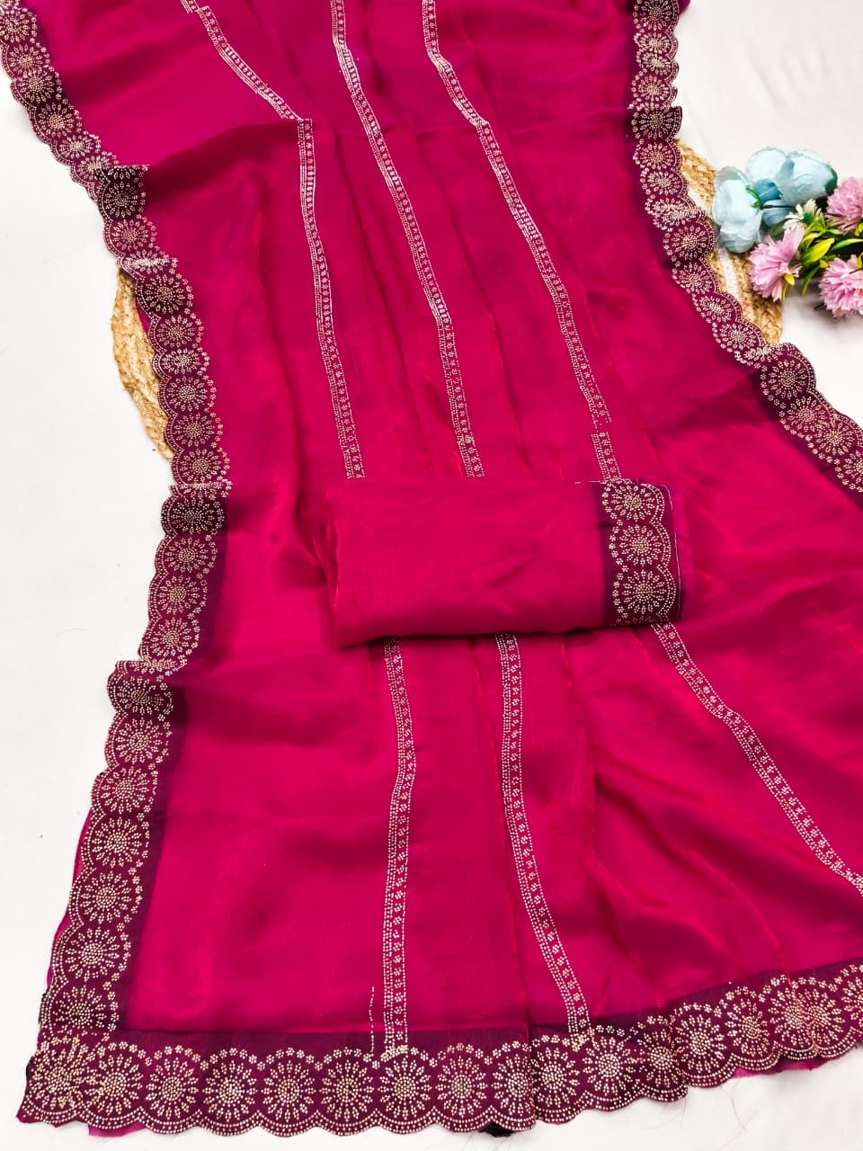 DF-AARYA  FENDI CHIFFON SAREE WITH BEAUTIFUL SIROSKI WORK WITH LINING DESIGN WITH LOVELY SIROSKI BLOUSE
