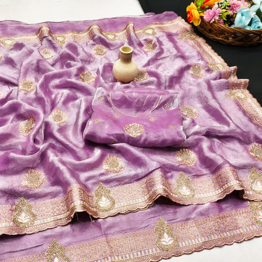 DF-PURVI SATIN SAREE WITH CRUSH TEXTURE WITH EMBROIDERY WORK WITH JARKAN AND THREAD WORK PESTAL COLOUR MATCHING WITH WORK BLOUSE