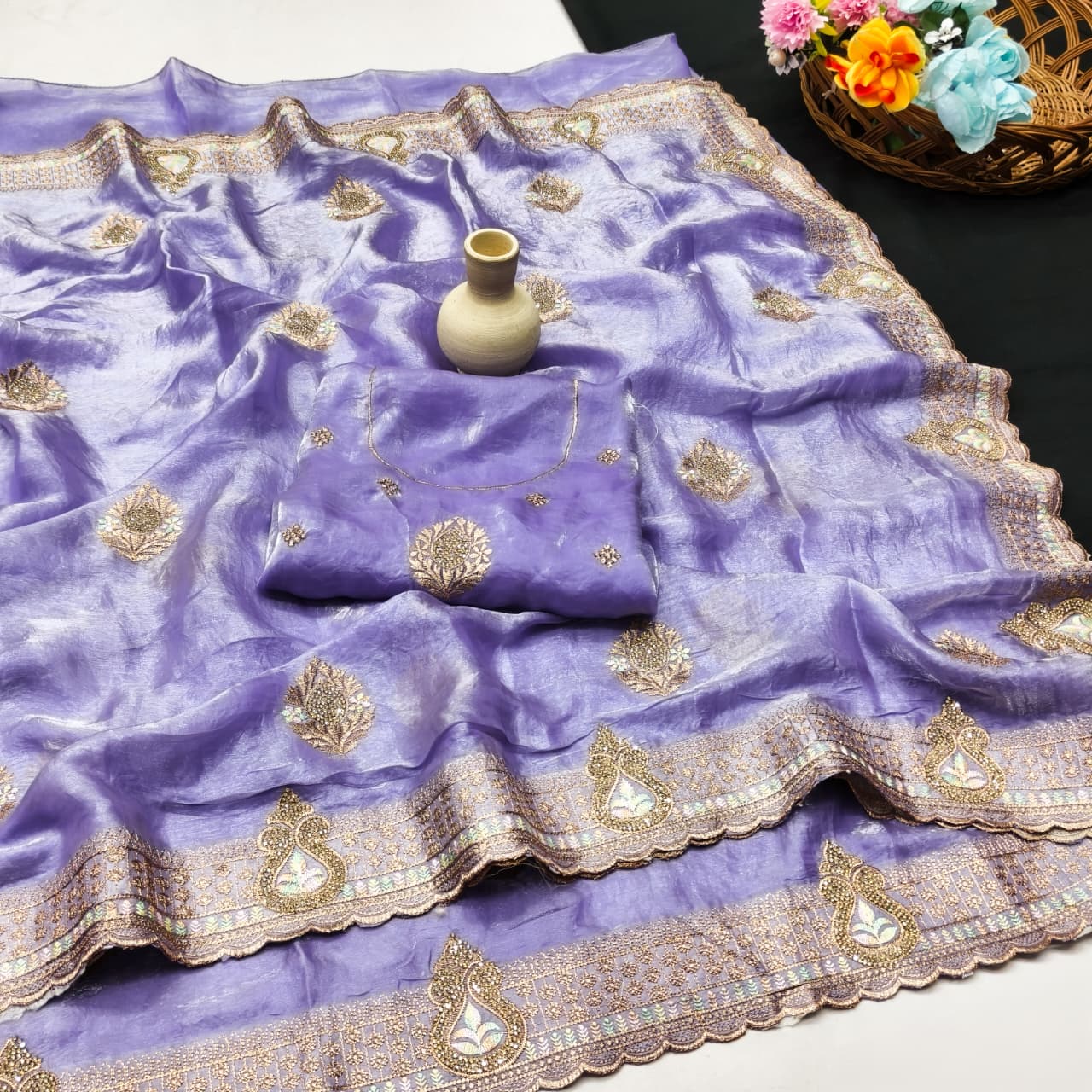DF-PURVI SATIN SAREE WITH CRUSH TEXTURE WITH EMBROIDERY WORK WITH JARKAN AND THREAD WORK PESTAL COLOUR MATCHING WITH WORK BLOUSE