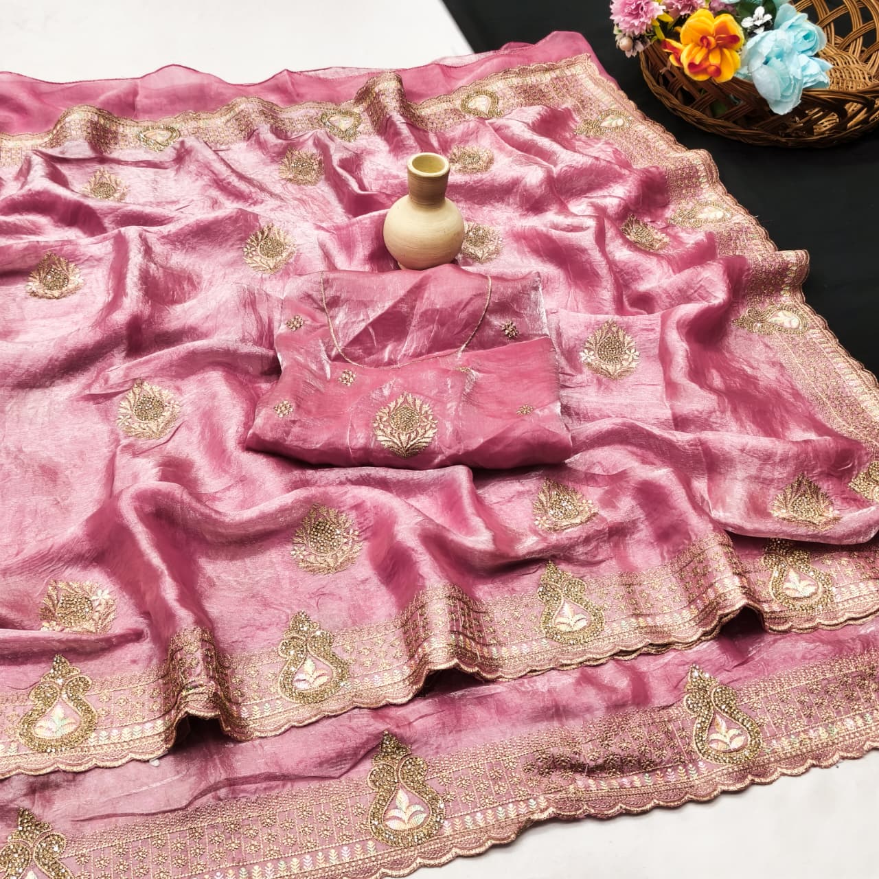 DF-PURVI SATIN SAREE WITH CRUSH TEXTURE WITH EMBROIDERY WORK WITH JARKAN AND THREAD WORK PESTAL COLOUR MATCHING WITH WORK BLOUSE