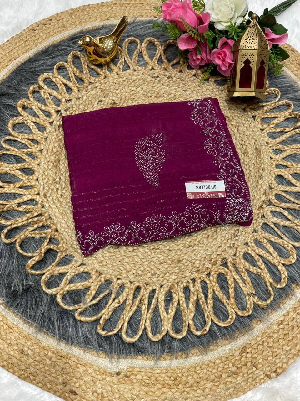 SF-DOLLAR FANCY PAATERN FABRIC SAREE WITH BEAUTIFUL DESIGN WITH SIROSKI WORK ON BORDER WITH SAREE AND BLOUSE