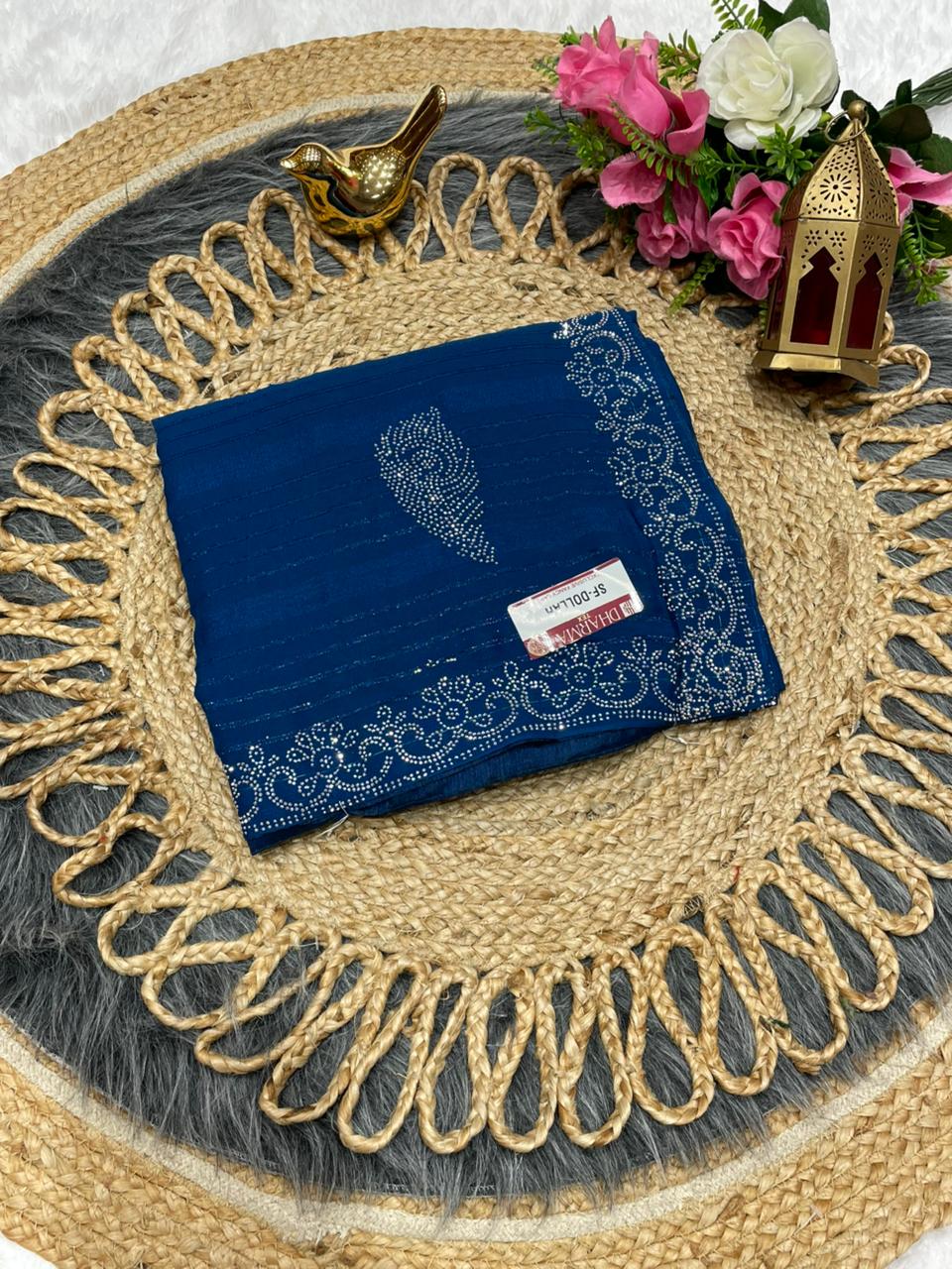 SF-DOLLAR FANCY PAATERN FABRIC SAREE WITH BEAUTIFUL DESIGN WITH SIROSKI WORK ON BORDER WITH SAREE AND BLOUSE