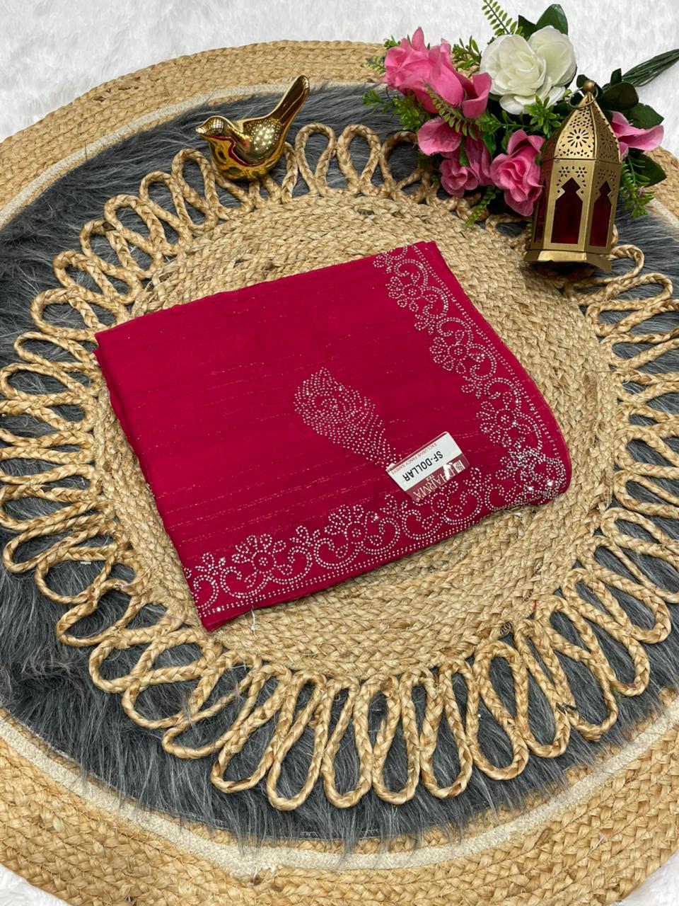 SF-DOLLAR FANCY PAATERN FABRIC SAREE WITH BEAUTIFUL DESIGN WITH SIROSKI WORK ON BORDER WITH SAREE AND BLOUSE
