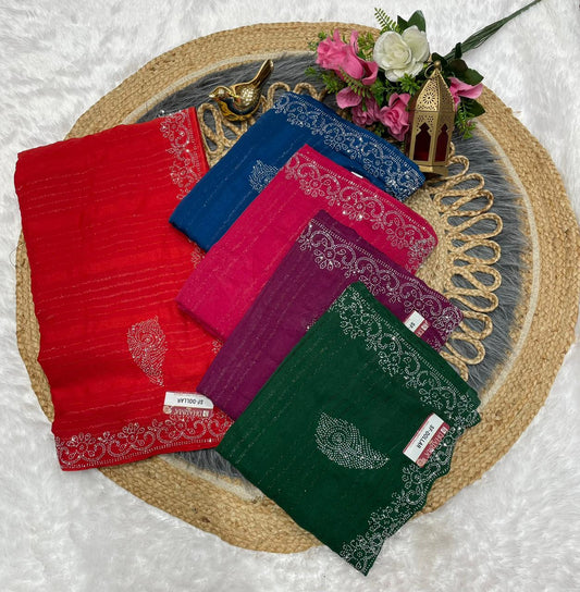 SF-DOLLAR FANCY PAATERN FABRIC SAREE WITH BEAUTIFUL DESIGN WITH SIROSKI WORK ON BORDER WITH SAREE AND BLOUSE