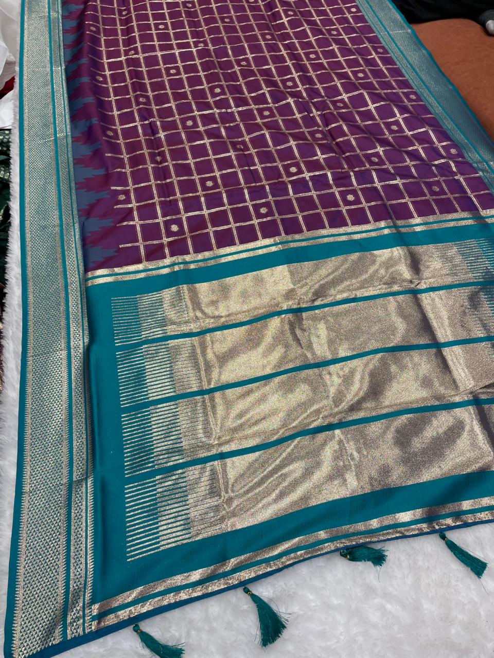 AJ-MUSKAN SOFT SILK FABRIC SAREE WITH RICH PALLU DEISGN WITH BOX DESIGN ON BODY WITH VIRAL DESIGN AND CONRAST BORDER WITH AND BLOUSE  WITH BOX PACKING