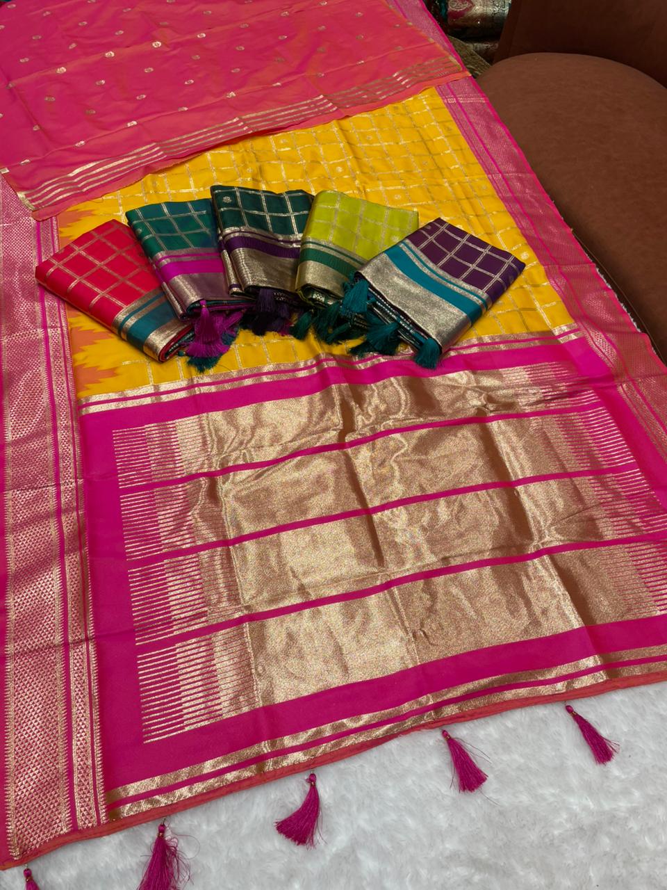 AJ-MUSKAN SOFT SILK FABRIC SAREE WITH RICH PALLU DEISGN WITH BOX DESIGN ON BODY WITH VIRAL DESIGN AND CONRAST BORDER WITH AND BLOUSE  WITH BOX PACKING