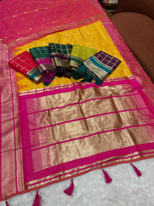 AJ-MUSKAN SOFT SILK FABRIC SAREE WITH RICH PALLU DEISGN WITH BOX DESIGN ON BODY WITH VIRAL DESIGN AND CONRAST BORDER WITH AND BLOUSE  WITH BOX PACKING