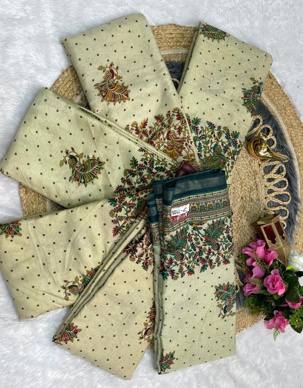 CP-7105 MAL COTTON SAREE WITH BEAUTIFUL RICH PALLU AND BEAUTIFUL DESIGN WITH JACQUARD BORDER WITH BEAUTIFUL BLOUSE