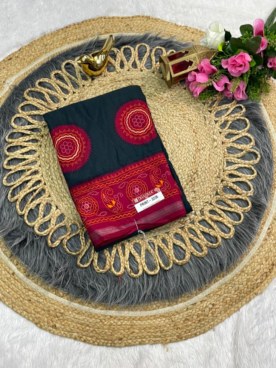PRINT-3236 MAL COTTON SAREE WITH BEAUTIFUL RICH PALLU VIRAL BANDANI DESIGN WITH BLOUSE WITH 6.30 MTR CUT