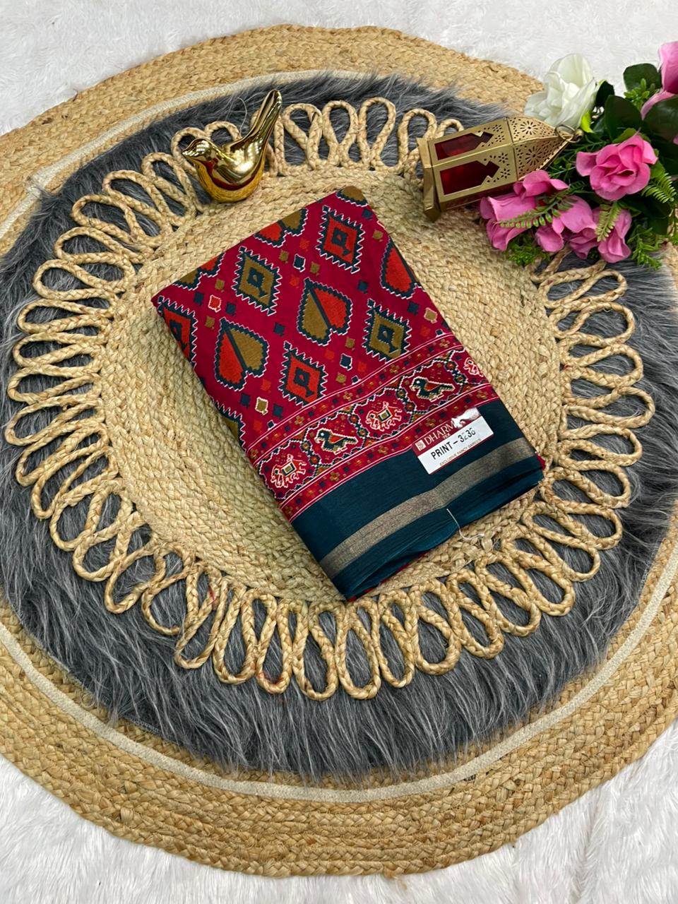 PRINT-3238 MAL COTTON SAREE WITH BEAUTIFUL PATOLA PRINT WITH FOIL WORK WITH CONTRAST BLOUSE 6.30 MTR CUT