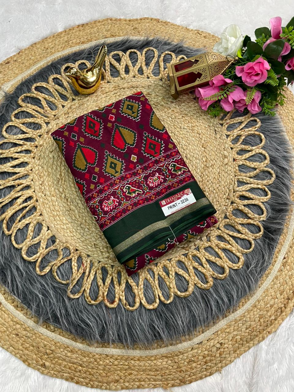 PRINT-3238 MAL COTTON SAREE WITH BEAUTIFUL PATOLA PRINT WITH FOIL WORK WITH CONTRAST BLOUSE 6.30 MTR CUT