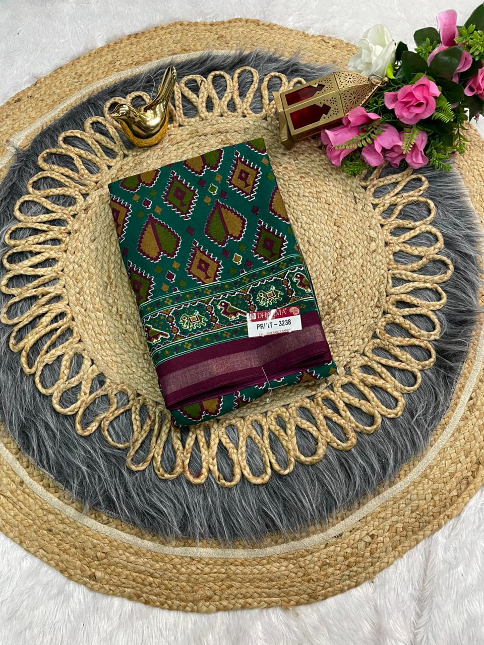 PRINT-3238 MAL COTTON SAREE WITH BEAUTIFUL PATOLA PRINT WITH FOIL WORK WITH CONTRAST BLOUSE 6.30 MTR CUT