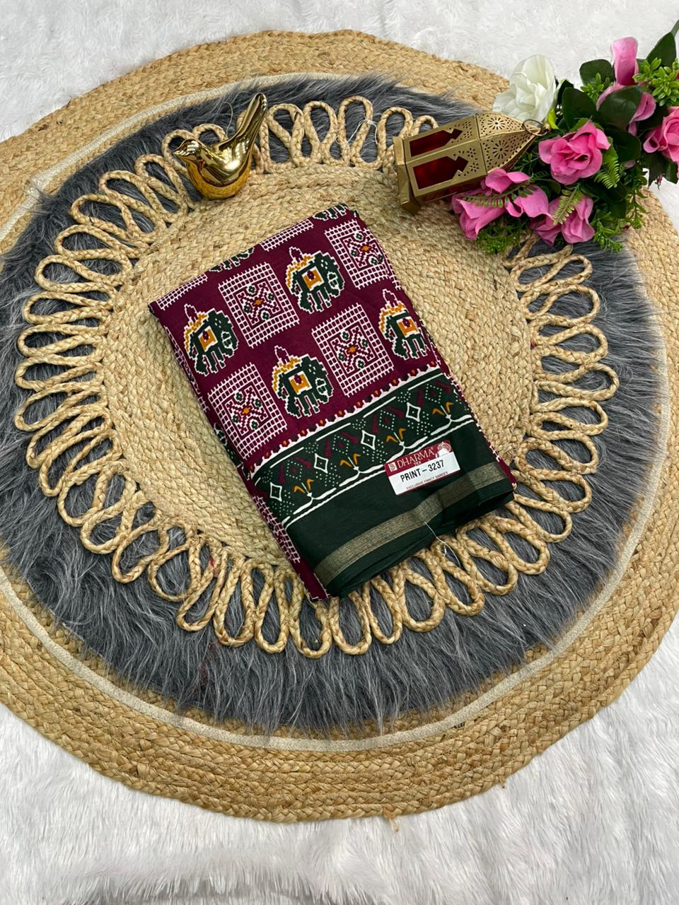 PRINT-3237  MAL COTTON SAREE WITH PATOLA DESIGN WITH RICH PALLU AND HEAVY MILL DESIGN WITH CONTRAST BUTTI BLOUSE