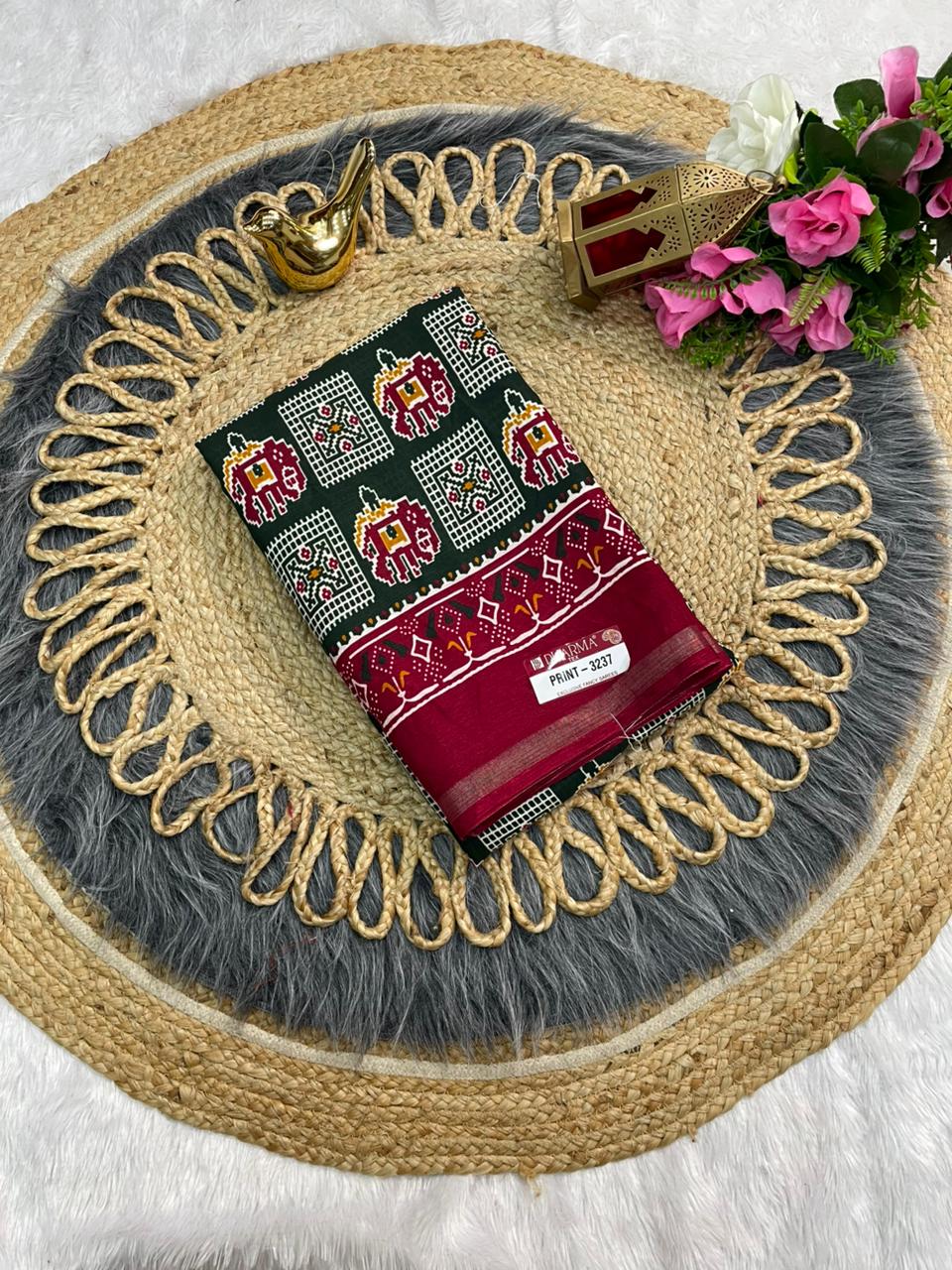 PRINT-3237  MAL COTTON SAREE WITH PATOLA DESIGN WITH RICH PALLU AND HEAVY MILL DESIGN WITH CONTRAST BUTTI BLOUSE