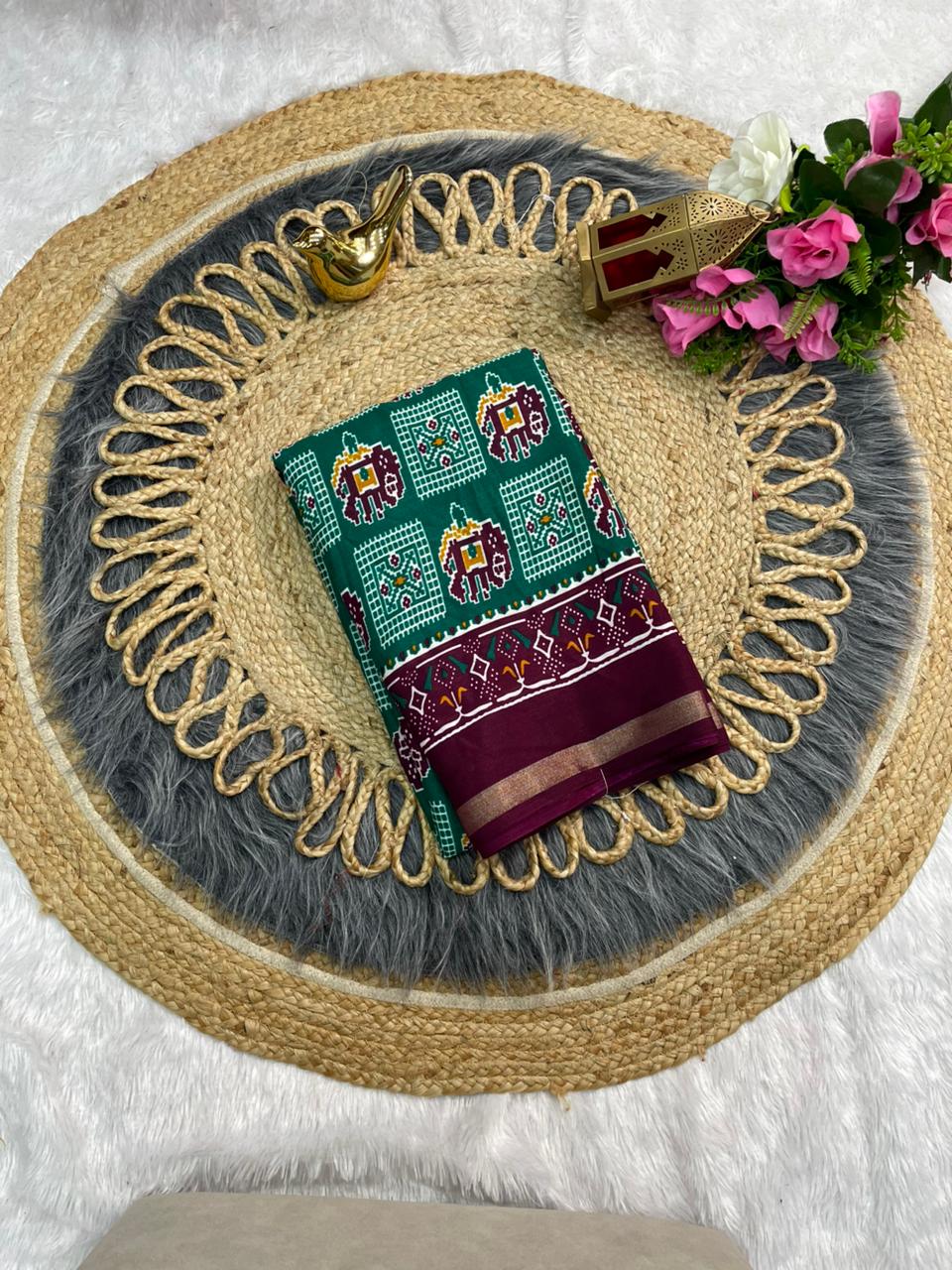 PRINT-3237  MAL COTTON SAREE WITH PATOLA DESIGN WITH RICH PALLU AND HEAVY MILL DESIGN WITH CONTRAST BUTTI BLOUSE