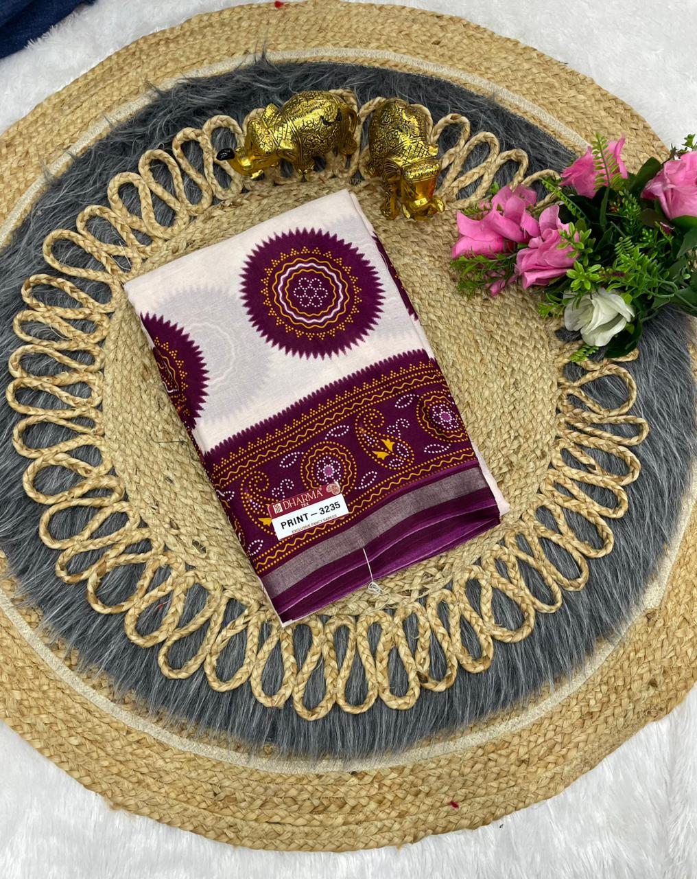 PRINT-3235 MAL COTTON SAREE,VIRAL DESIGN PRINT WITH WHITE COMMON BANDANI DESIGN WITH BEAUTIFUL FOIL WORK WITH BLOUSE 6.30 MTR CUT
