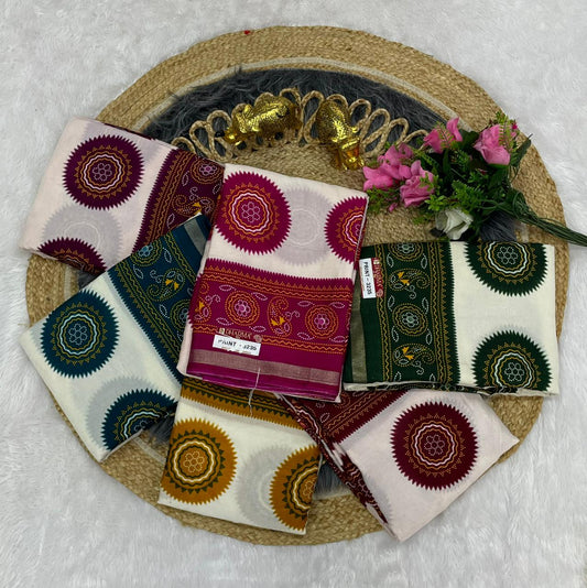 PRINT-3235 MAL COTTON SAREE,VIRAL DESIGN PRINT WITH WHITE COMMON BANDANI DESIGN WITH BEAUTIFUL FOIL WORK WITH BLOUSE 6.30 MTR CUT