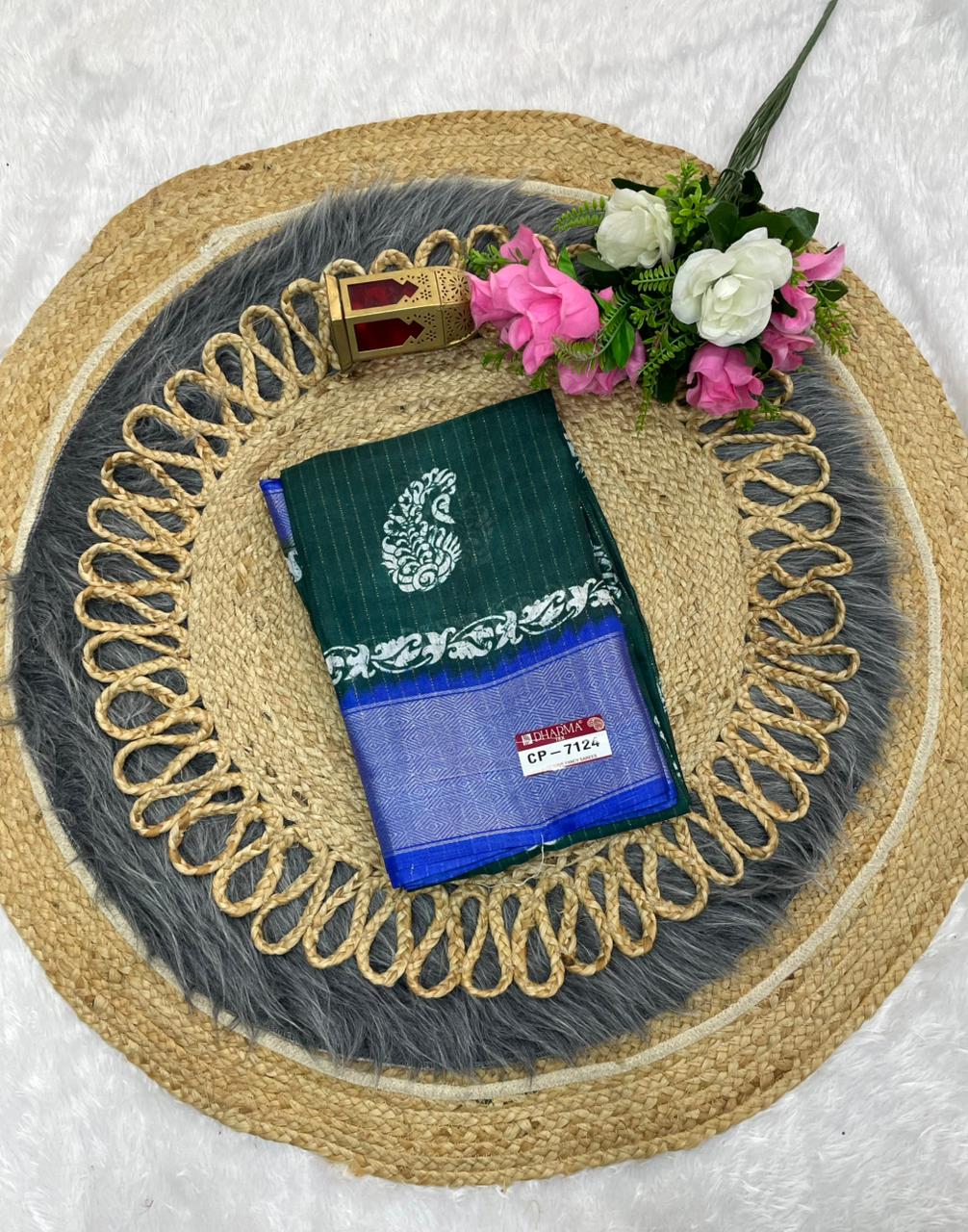 CP-7124  DOLA RIKO SAREE WITH BEAUTIFUL RICH PALLU WITH WHITE COMMON DESIGN WITH BEAUTIFUL DESIGN WITH LOVELY CONTRAST BLOUSE