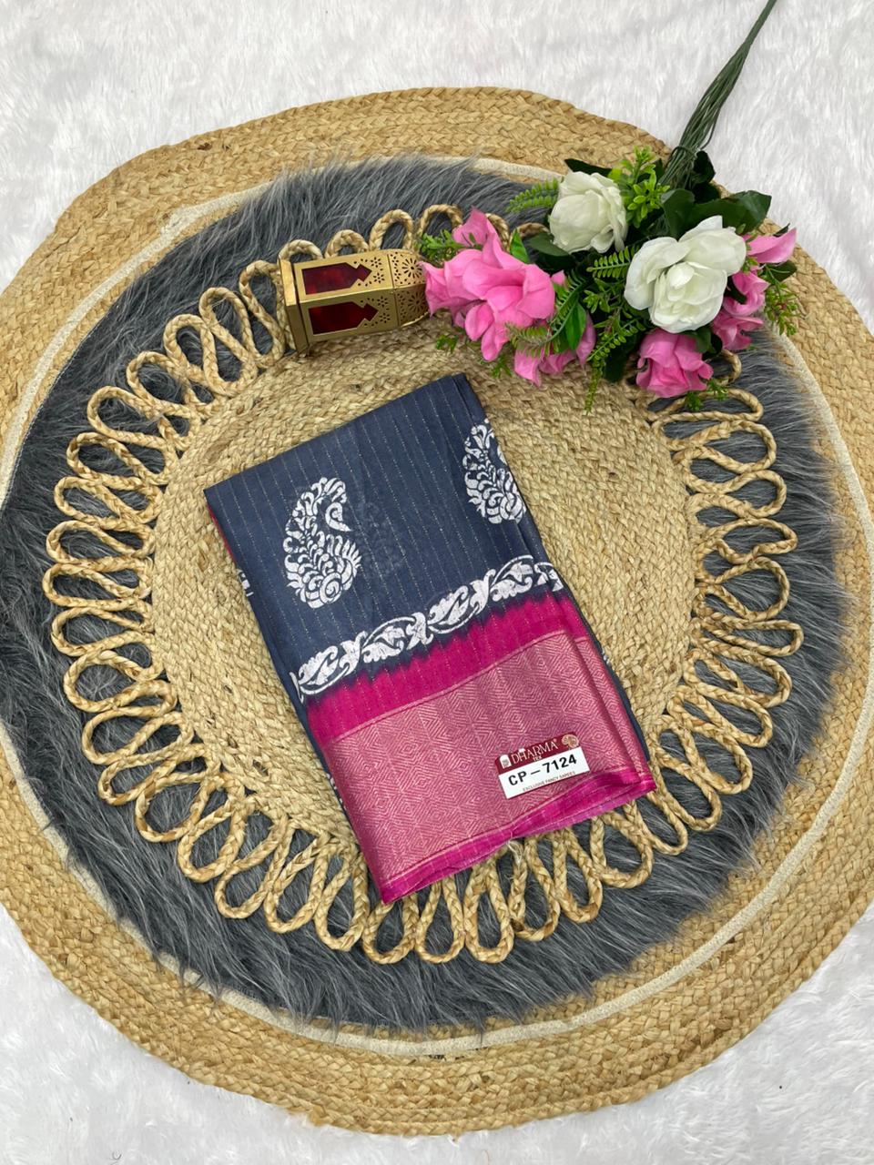 CP-7124  DOLA RIKO SAREE WITH BEAUTIFUL RICH PALLU WITH WHITE COMMON DESIGN WITH BEAUTIFUL DESIGN WITH LOVELY CONTRAST BLOUSE