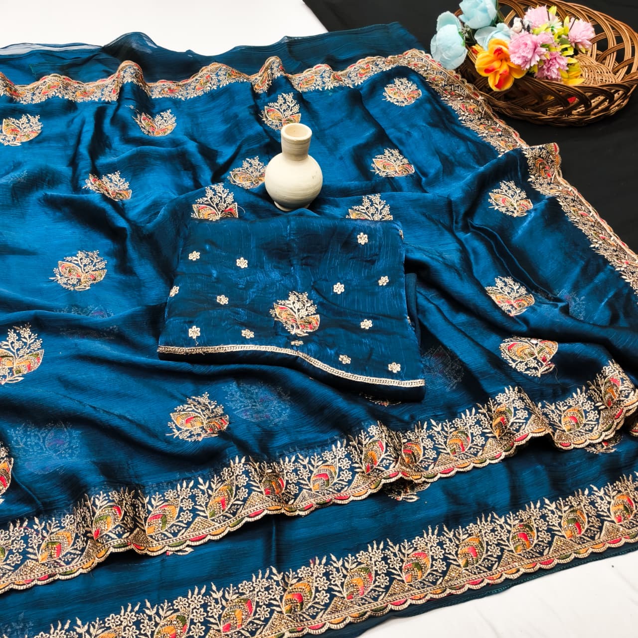 DF-NITYA FENDI SATIN FABRIC SAREE WITH BEAUTIFUL DESIGN WITH SIROSKI WORK ON BUTTA AND BORDER WITH BEAUTIFUL BLOUSE