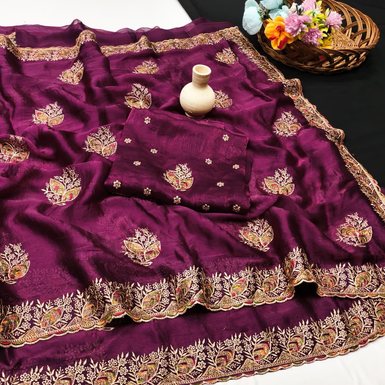 DF-NITYA FENDI SATIN FABRIC SAREE WITH BEAUTIFUL DESIGN WITH SIROSKI WORK ON BUTTA AND BORDER WITH BEAUTIFUL BLOUSE