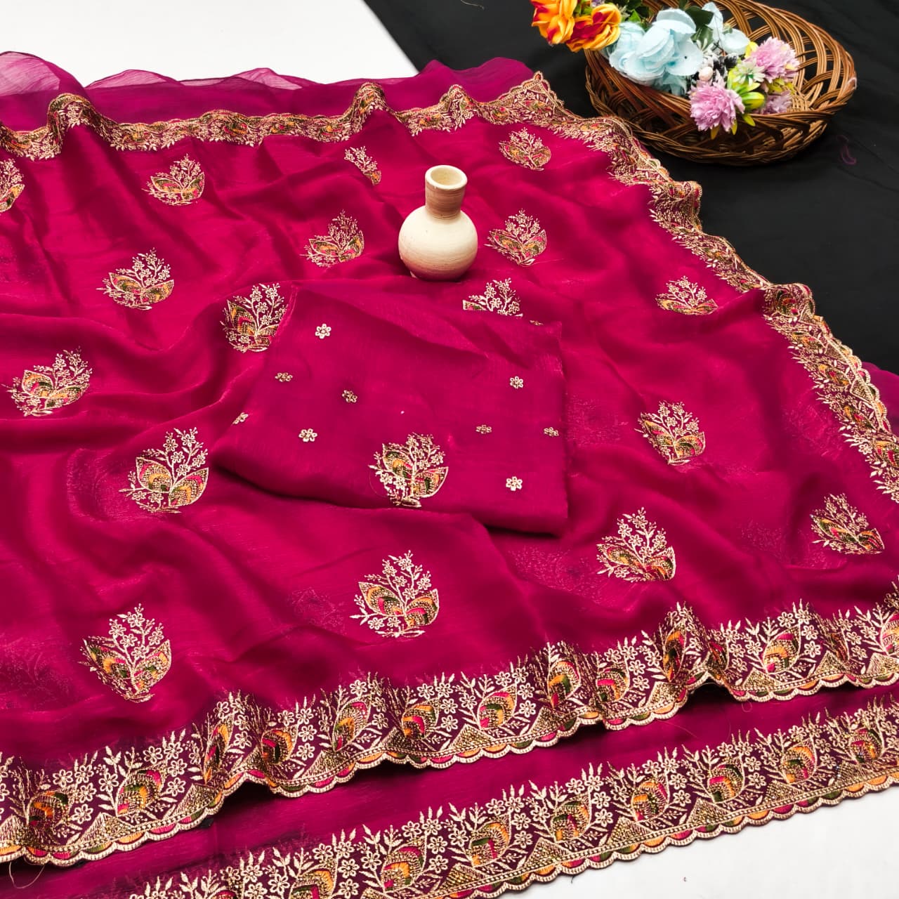 DF-NITYA FENDI SATIN FABRIC SAREE WITH BEAUTIFUL DESIGN WITH SIROSKI WORK ON BUTTA AND BORDER WITH BEAUTIFUL BLOUSE