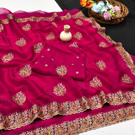DF-NITYA FENDI SATIN FABRIC SAREE WITH BEAUTIFUL DESIGN WITH SIROSKI WORK ON BUTTA AND BORDER WITH BEAUTIFUL BLOUSE