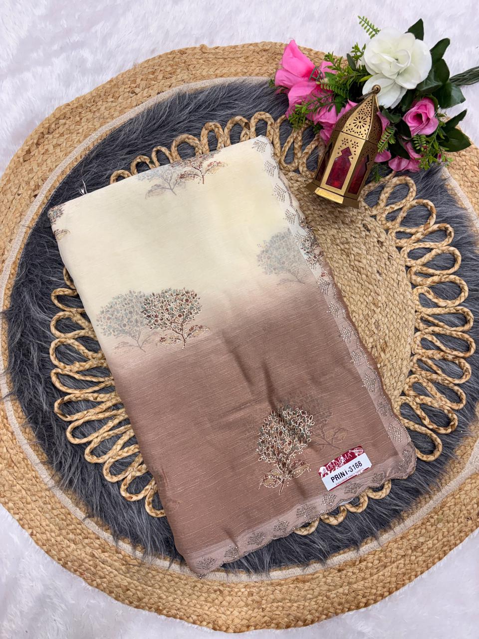 PRINT-3168 FENDI PADDING FABRIC SAREE WITH DMC SIROSKI WORK ON BUTTA AND BORDER WITH BEAUTIFUL DESIGN WITH BROCADE BLOUSE