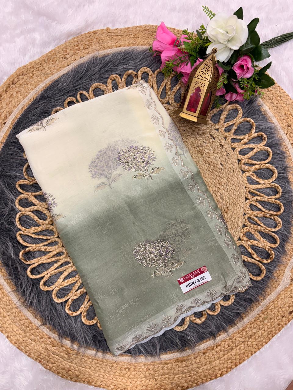 PRINT-3168 FENDI PADDING FABRIC SAREE WITH DMC SIROSKI WORK ON BUTTA AND BORDER WITH BEAUTIFUL DESIGN WITH BROCADE BLOUSE