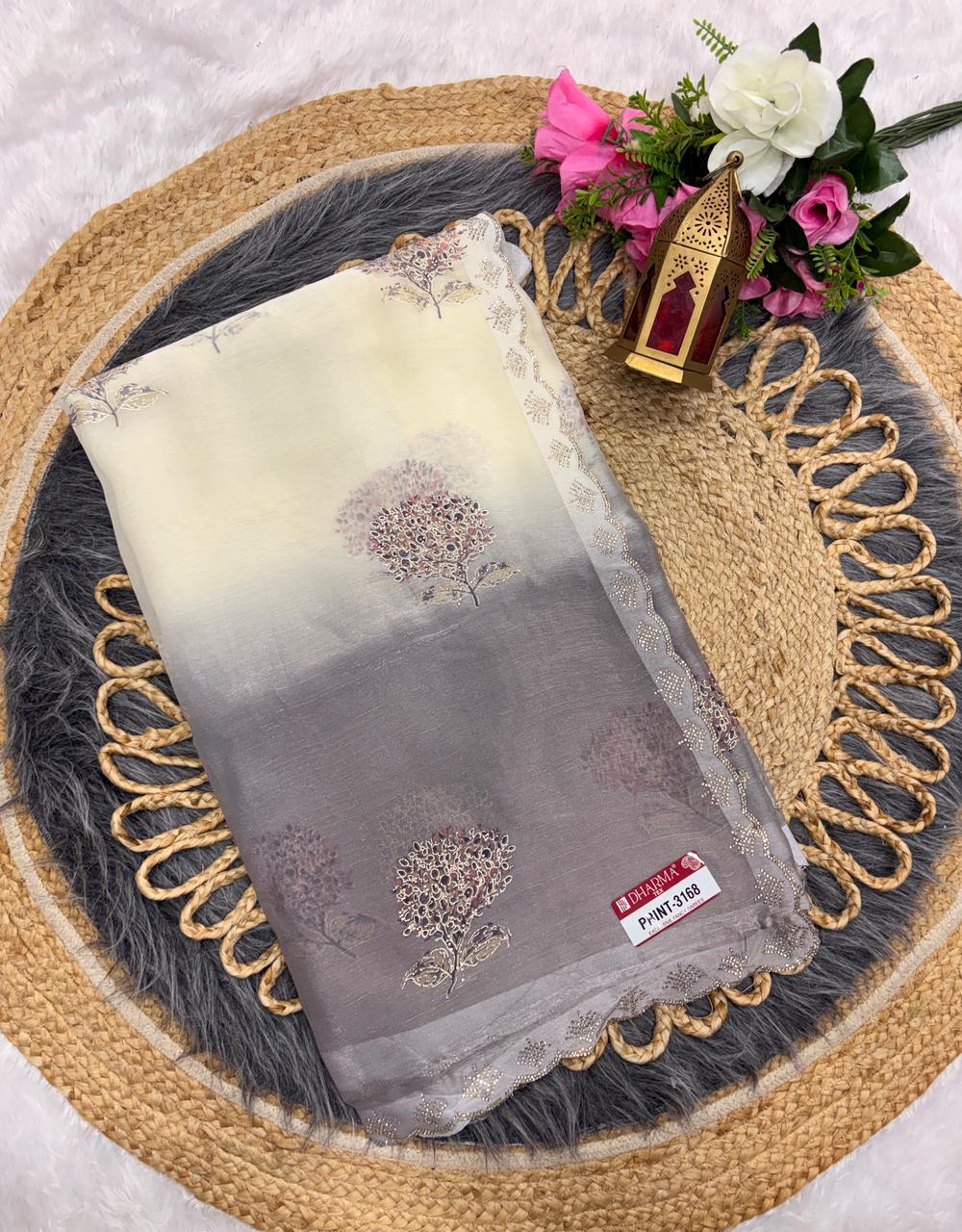 PRINT-3168 FENDI PADDING FABRIC SAREE WITH DMC SIROSKI WORK ON BUTTA AND BORDER WITH BEAUTIFUL DESIGN WITH BROCADE BLOUSE