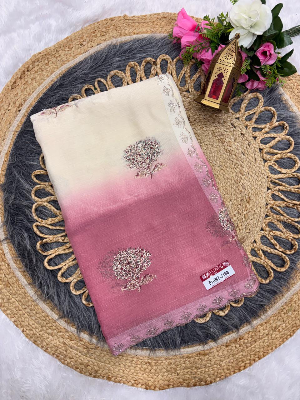 PRINT-3168 FENDI PADDING FABRIC SAREE WITH DMC SIROSKI WORK ON BUTTA AND BORDER WITH BEAUTIFUL DESIGN WITH BROCADE BLOUSE