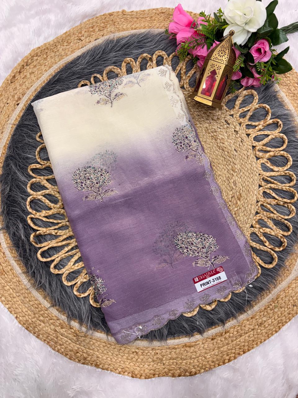 PRINT-3168 FENDI PADDING FABRIC SAREE WITH DMC SIROSKI WORK ON BUTTA AND BORDER WITH BEAUTIFUL DESIGN WITH BROCADE BLOUSE