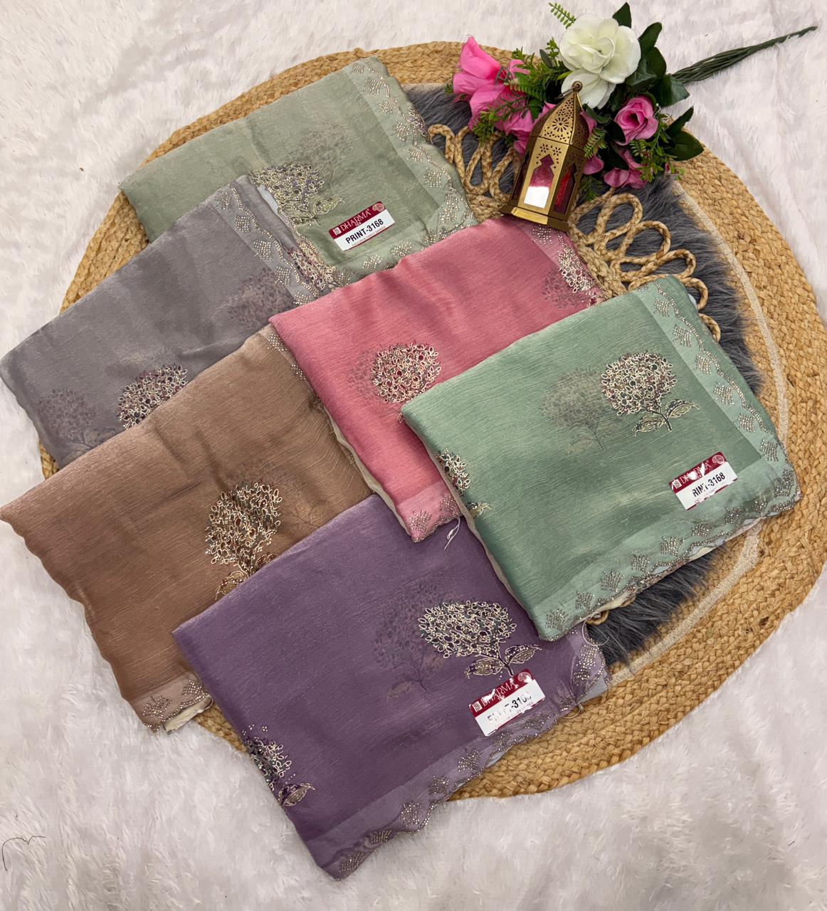 PRINT-3168 FENDI PADDING FABRIC SAREE WITH DMC SIROSKI WORK ON BUTTA AND BORDER WITH BEAUTIFUL DESIGN WITH BROCADE BLOUSE