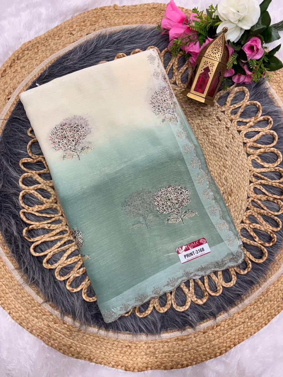 PRINT-3168 FENDI PADDING FABRIC SAREE WITH DMC SIROSKI WORK ON BUTTA AND BORDER WITH BEAUTIFUL DESIGN WITH BROCADE BLOUSE