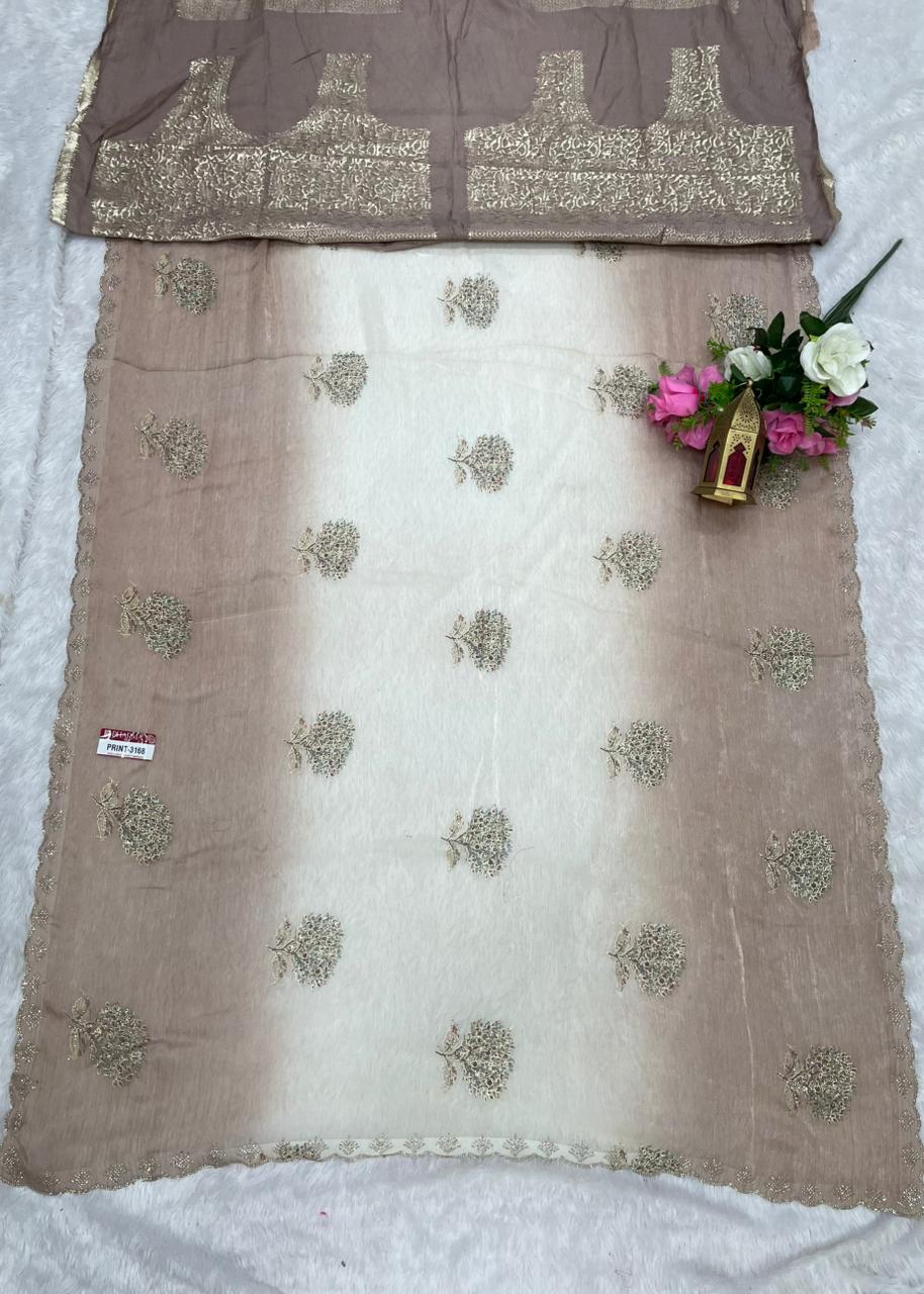 PRINT-3168 FENDI PADDING FABRIC SAREE WITH DMC SIROSKI WORK ON BUTTA AND BORDER WITH BEAUTIFUL DESIGN WITH BROCADE BLOUSE