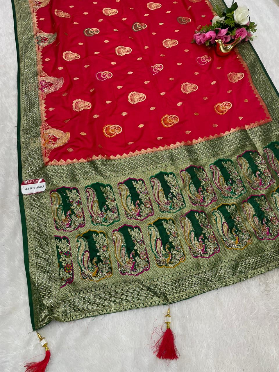 AJ-KRUPALI NYLON SATIN SILK SAREE WITH CHAAP DYING WITH MEENAKARI WORK AND HEAVY DIAMOND WORK VIRAL DESIGN WITH LOVELY CONTRAST BORDER AND BEAUTIFUL BLOUSE