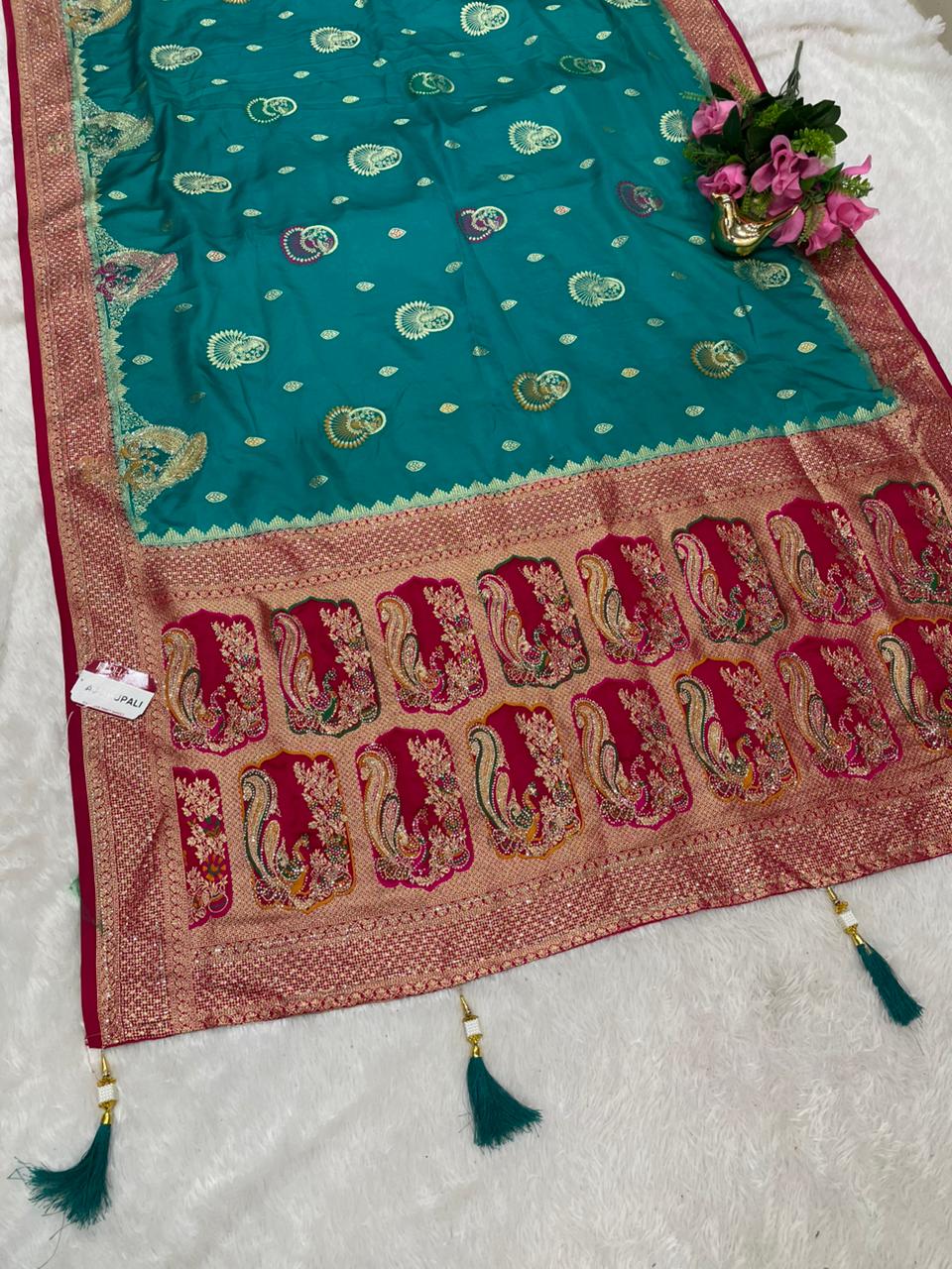 AJ-KRUPALI NYLON SATIN SILK SAREE WITH CHAAP DYING WITH MEENAKARI WORK AND HEAVY DIAMOND WORK VIRAL DESIGN WITH LOVELY CONTRAST BORDER AND BEAUTIFUL BLOUSE