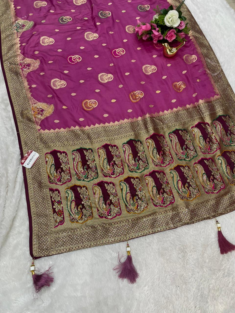 AJ-KRUPALI NYLON SATIN SILK SAREE WITH CHAAP DYING WITH MEENAKARI WORK AND HEAVY DIAMOND WORK VIRAL DESIGN WITH LOVELY CONTRAST BORDER AND BEAUTIFUL BLOUSE