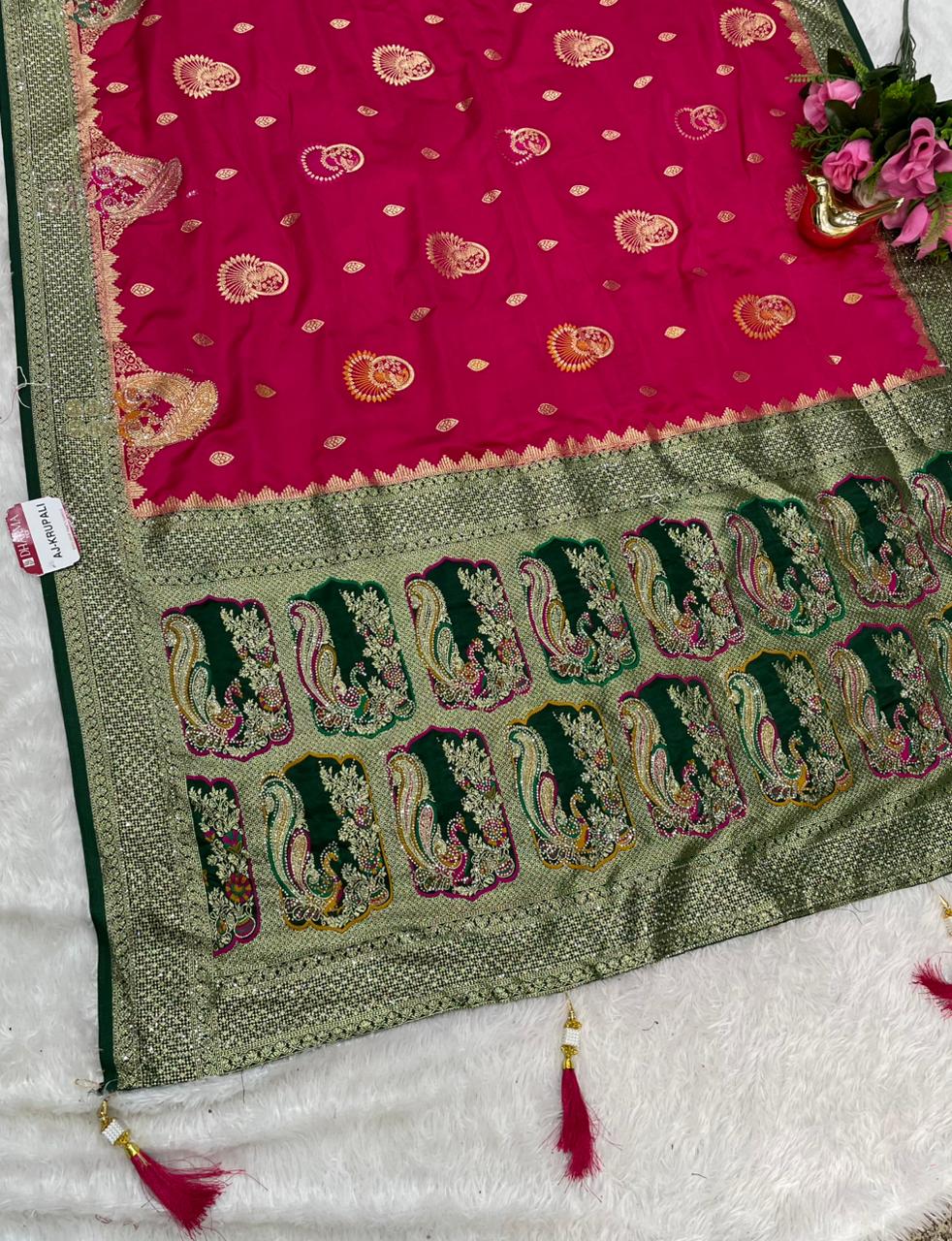 AJ-KRUPALI NYLON SATIN SILK SAREE WITH CHAAP DYING WITH MEENAKARI WORK AND HEAVY DIAMOND WORK VIRAL DESIGN WITH LOVELY CONTRAST BORDER AND BEAUTIFUL BLOUSE