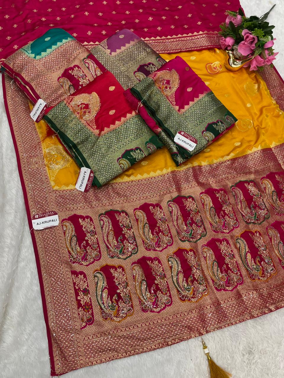 AJ-KRUPALI NYLON SATIN SILK SAREE WITH CHAAP DYING WITH MEENAKARI WORK AND HEAVY DIAMOND WORK VIRAL DESIGN WITH LOVELY CONTRAST BORDER AND BEAUTIFUL BLOUSE